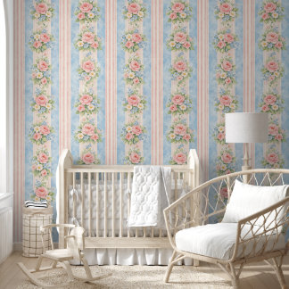 Grandmillennial Stripe Floral Blue Pink Wallpaper 壁紙