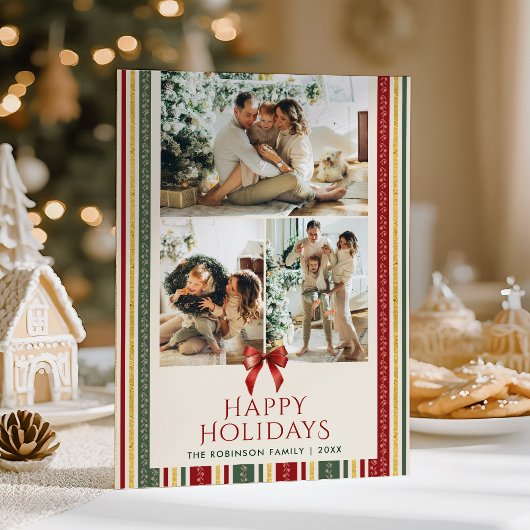 Grandmillennial Stripes Bow Happy Holidays 2 Photo シーズンカード