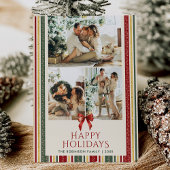 Grandmillennial Stripes Bow Happy Holidays 2 Photo シーズンカード