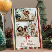 Grandmillennial Stripes Bow Happy Holidays 2 Photo シーズンカード