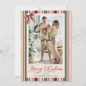 Grandmillennial Stripes Bow Merry Christmas Photo シーズンカード (正面)