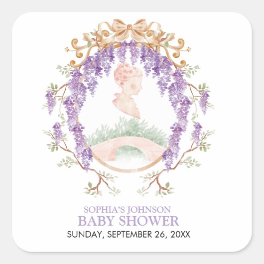 Grandmillennial Wisteria Baby Shower スクエアシール (正面)