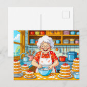 Grandmother Cooking Pancakes Illustration シーズンポストカード (正面/裏面)