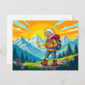 Grandmother Hiking Illustration シーズンポストカード (正面/裏面)