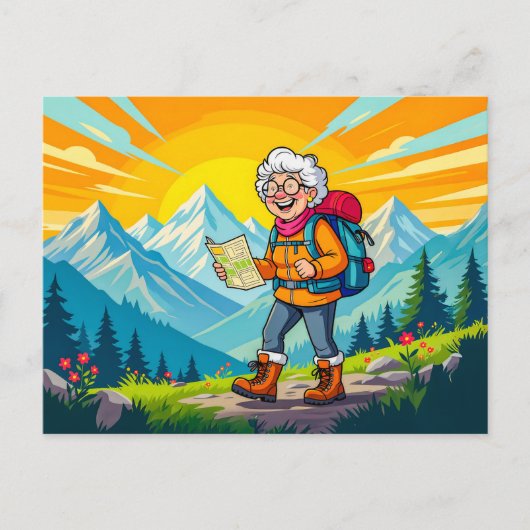 Grandmother Hiking Illustration シーズンポストカード (正面)