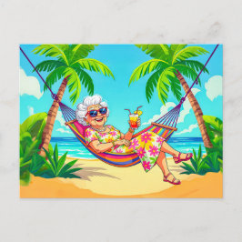 Grandmother in Hammock with Cocktail Illustration シーズンポストカード