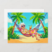 Grandmother in Hammock with Cocktail Illustration シーズンポストカード (正面/裏面)