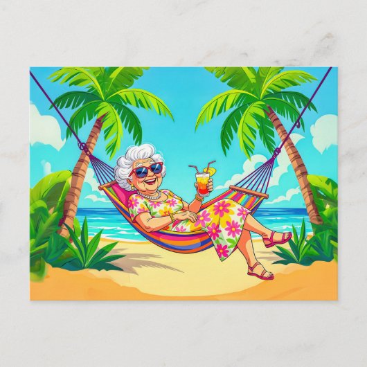 Grandmother in Hammock with Cocktail Illustration シーズンポストカード (正面)