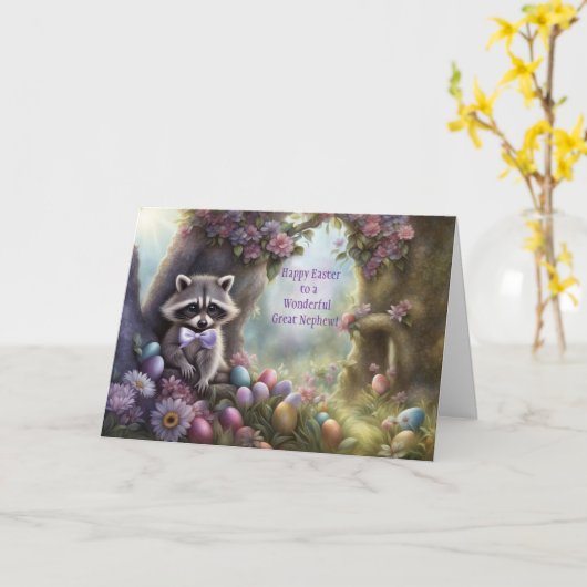 Grandnephew or Great Nephew Cute Racoon Easter カード (黄色い花)