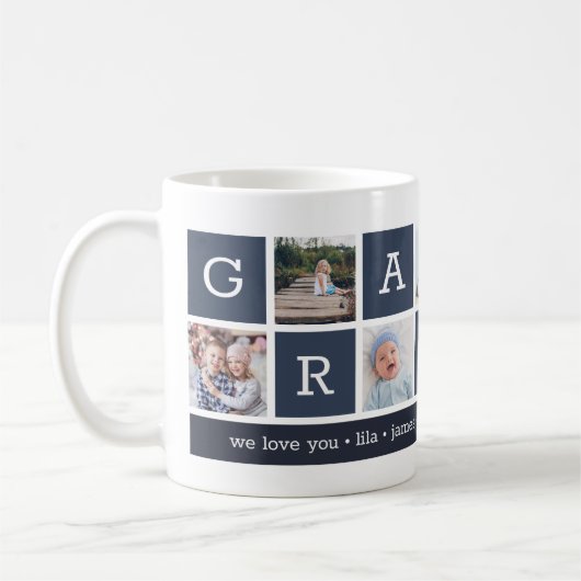 Grandpaフォトコラージュと孫の名前 コーヒーマグカップ (左)