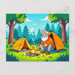 Grandpa camping and grilling in the wilderness シーズンポストカード