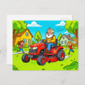 Grandpa mowing the lawn on a ride-on tractor シーズンポストカード (正面/裏面)