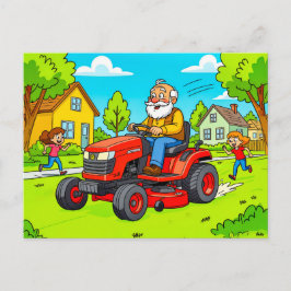Grandpa mowing the lawn on a ride-on tractor シーズンポストカード