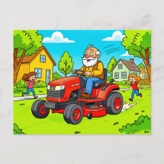 Grandpa mowing the lawn on a ride-on tractor シーズンポストカード (正面)