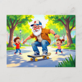 Grandpa practicing skateboarding with grandson wat シーズンポストカード