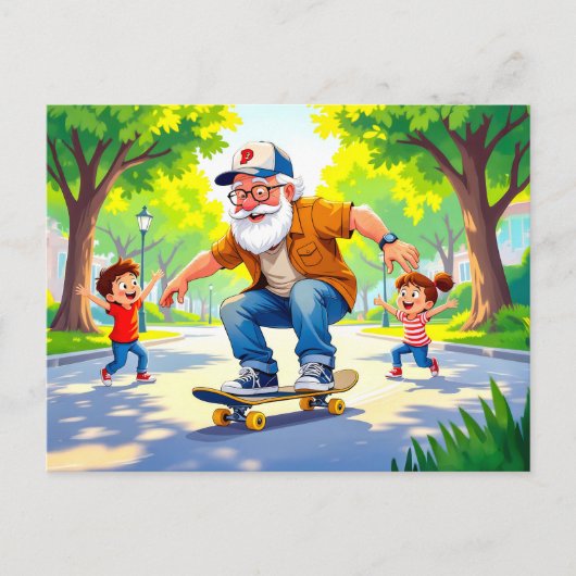 Grandpa practicing skateboarding with grandson wat シーズンポストカード (正面)