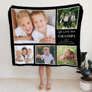 Grandpa We Love You Photo Collage Black フリースブランケット