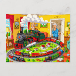 Grandpa with steam train on huge model railway シーズンポストカード