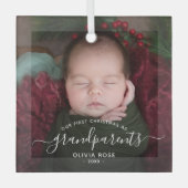 Grandparents First Christmas Photo White Script ガラスオーナメント (正面)