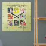Grandparents Photo Collage Rustic Green Watercolor スクエア壁時計<br><div class="desc">Create your own unique wall clock for grandparents using 8 of your favorite photos. Hand lettered in beautiful calligraphy, the wording reads "a grandchild's laugh is sunshine in the house". The design has a soft green watercolor background with olive green and yellow typography. Your pictures are displayed in square format...</div>