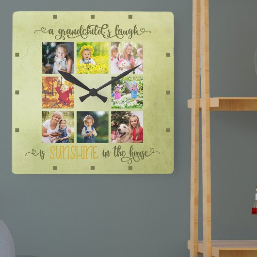 Grandparents Photo Collage Rustic Green Watercolor スクエア壁時計