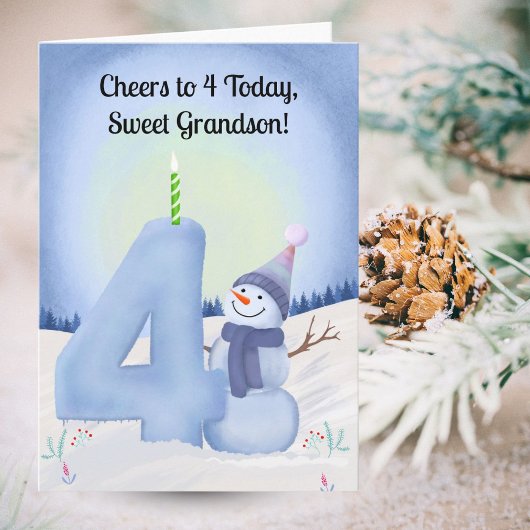 Grandson 4th Birthday Snowman with Snowy Four カード