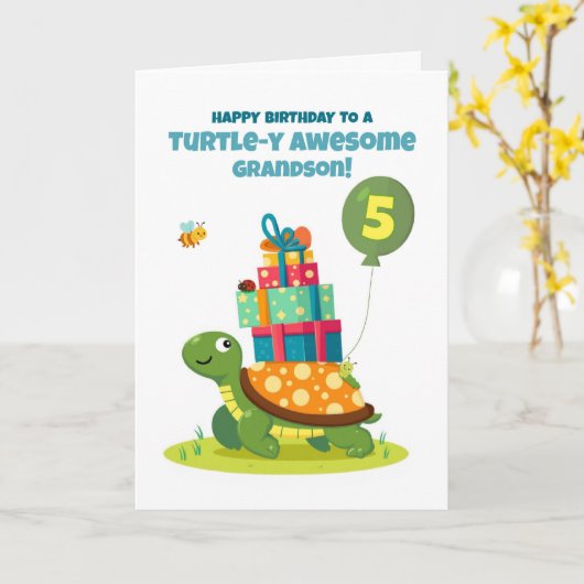 Grandson 5th Birthday Cute Turtle with Presents カード (黄色い花)