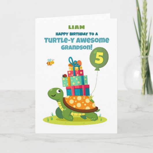 Grandson 5th Birthday Personalize Cute Turtle カード (正面)