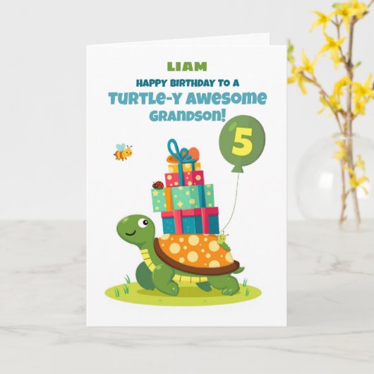 Grandson 5th Birthday Personalize Cute Turtle カード (黄色い花)
