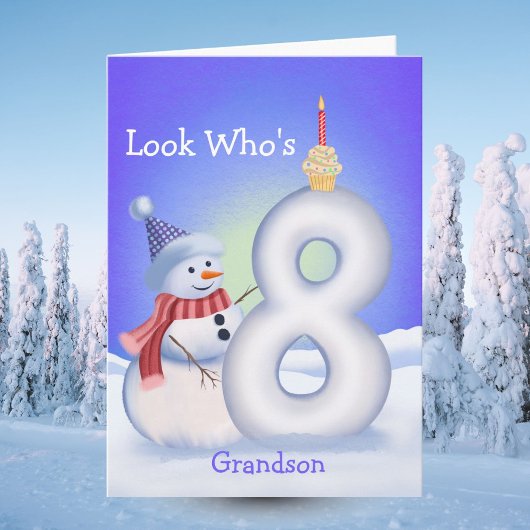 Grandson 8th Birthday Snowman Snowy Eight  カード
