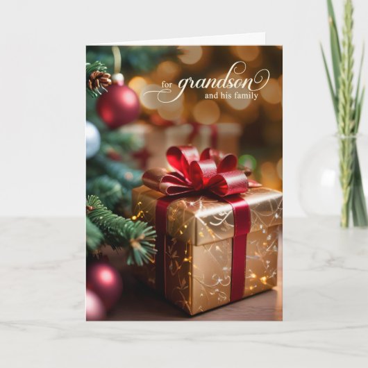 Grandson and Family Christmas Tree and Golden Gift シーズンカード (正面)