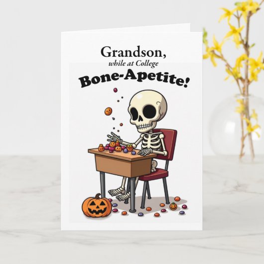 Grandson at College Halloween Funny Skeleton Bone カード (黄色い花)