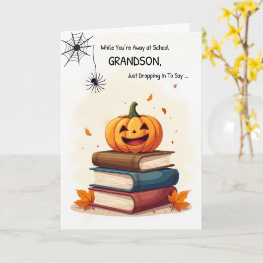 Grandson Away at School Funny Halloween Spider カード (黄色い花)