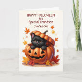 Grandson Custom Name Halloween Cute Black Cat カード (正面)