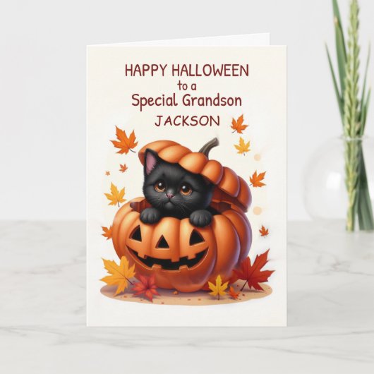 Grandson Custom Name Halloween Cute Black Cat カード (正面)