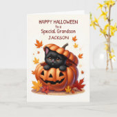 Grandson Custom Name Halloween Cute Black Cat カード (黄色い花)