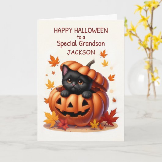 Grandson Custom Name Halloween Cute Black Cat カード (黄色い花)