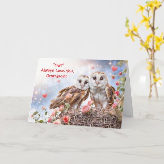 Grandson Cute and Fun Owl Valentines カード (黄色い花)