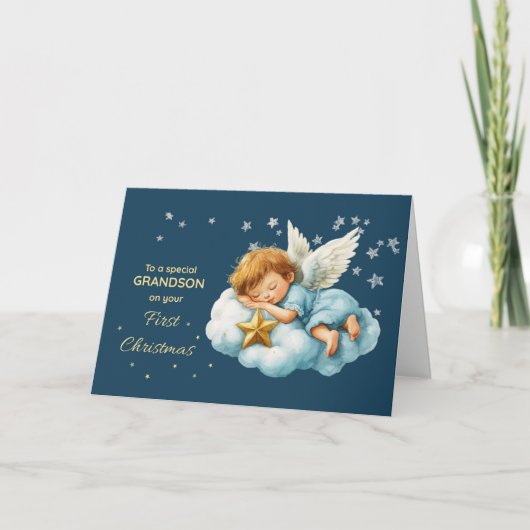 Grandson First Christmas Sleeping Angel on Cloud カード (正面)