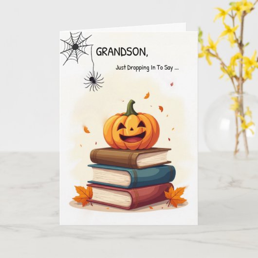 Grandson Funny Halloween Cute Spider Dropping In カード (黄色い花)