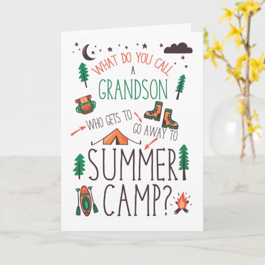 Grandson Funny Summer Camp Orange Green Brown カード (黄色い花)