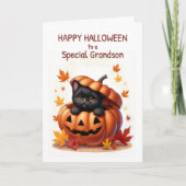 Grandson Halloween Cute Black Cat in Pumpkin カード (正面)