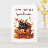 Grandson Halloween Cute Black Cat in Pumpkin カード (黄色い花)