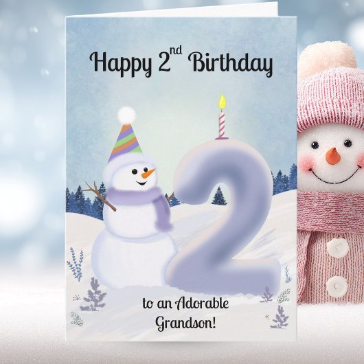 Grandson Happy 2nd Birthday Snowman Building カード