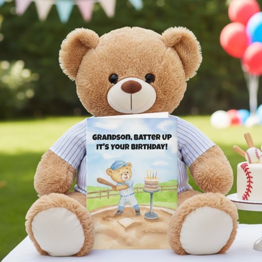 Grandson Happy Birthday Baseball Teddy Bear カード