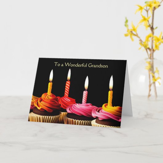 Grandson Happy Birthday Cupcakes and Candles カード (黄色い花)