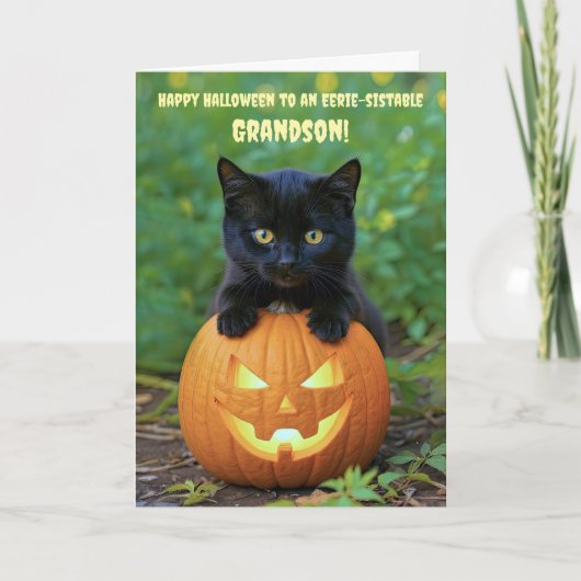 Grandson Happy Halloween Cute Black Kitten  カード (正面)
