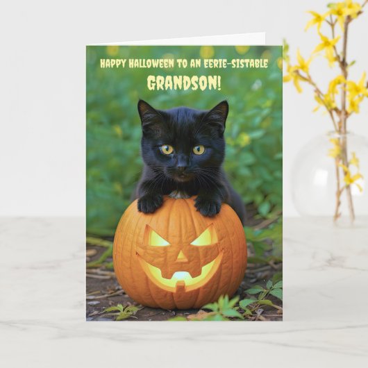 Grandson Happy Halloween Cute Black Kitten  カード (黄色い花)