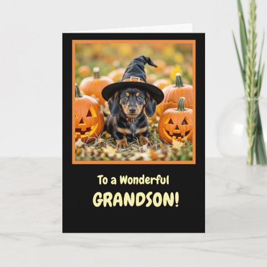 Grandson Happy Halloween with a Cute Dachshund  カード (正面)