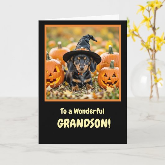 Grandson Happy Halloween with a Cute Dachshund カード (黄色い花)